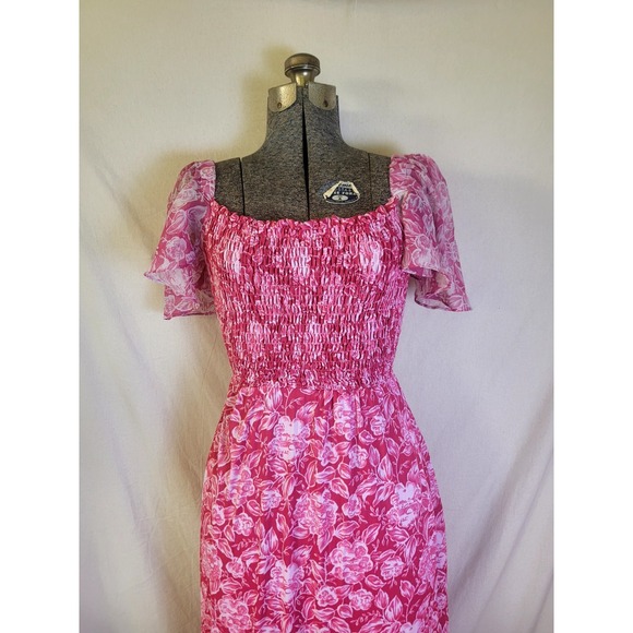 Vintage 70s Pink Maxi Dress Floral Ruched Ruffle Cottage Size Small - Picture 2 of 13